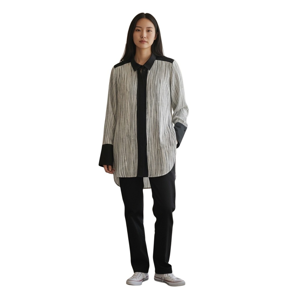 Vince Striped Silk Button Up Shirt Tunic‎ Black White Size L
